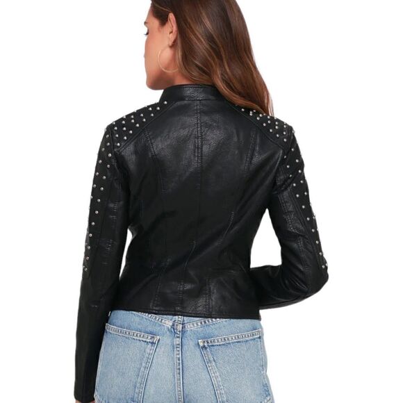 L A Coalition Jacket Black Faux Leather Studded Size XS - Picture 7 of 10
